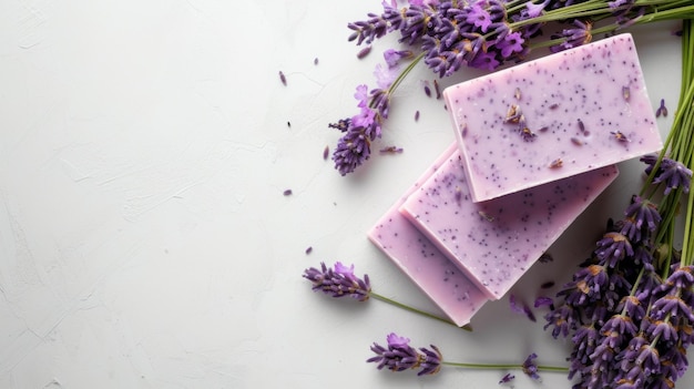 Un gran espacio de copia con barras de jabón de lavanda hechas a mano con flores blancas