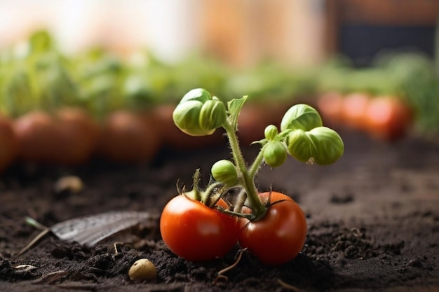 Un gran espacio de copia con brotes jóvenes de tomate en el arco