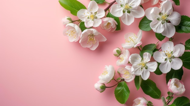 Un gran espacio de copia con flores de manzana blancas en rosa pastel