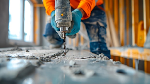 Un gran espacio de copia con un hombre realizando trabajo de carpintería de bricolaje, renovación de la casa, madera con pistola de perforación