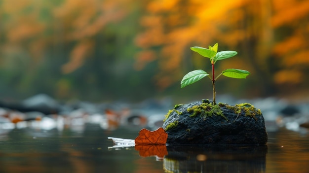 Un gran espacio de copia con una planta joven verde claro brillante que crece de una piedra junto al agua en otoño