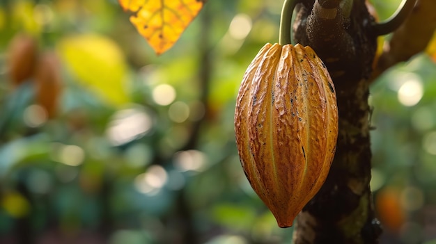 Un gran espacio de copia con una vaina de cacao colgada en un árbol con luz solar IA generativa