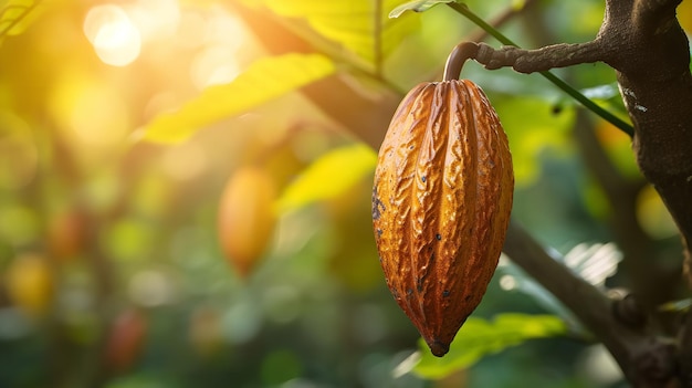 Un gran espacio de copia con una vaina de cacao colgada en un árbol con luz solar IA generativa