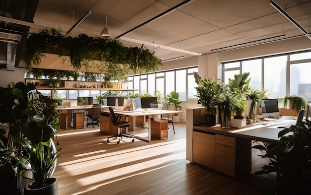 Un gran espacio de oficina abierto con plantas colgando del techo.