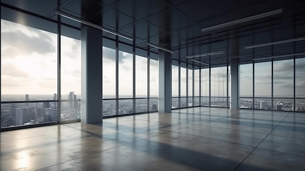 Un gran espacio de oficina vacío con vista a la ciudad.