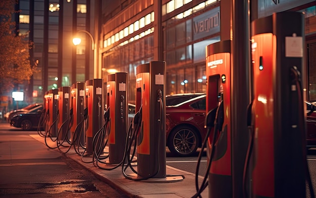 Una gran estación de carga eléctrica para automóviles eléctricos en la ciudad Muchos lugares para recargar