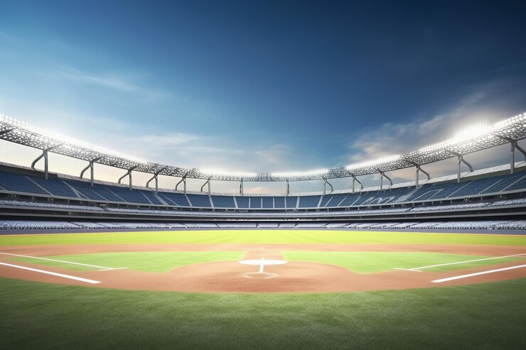 Gran estadio de béisbol campo de diamante vista de la luz del día edificio deportivo público moderno 3D render backgroundGenerative AI