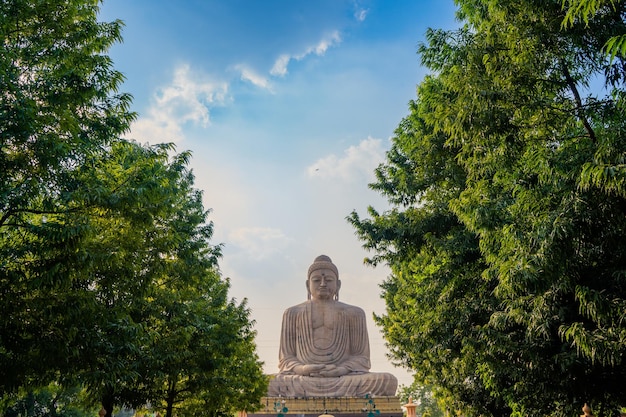 La gran estatua de Buda cerca del templo de Mahabodhi en Bodh Gaya, ubicado en el estado de Bihar, India