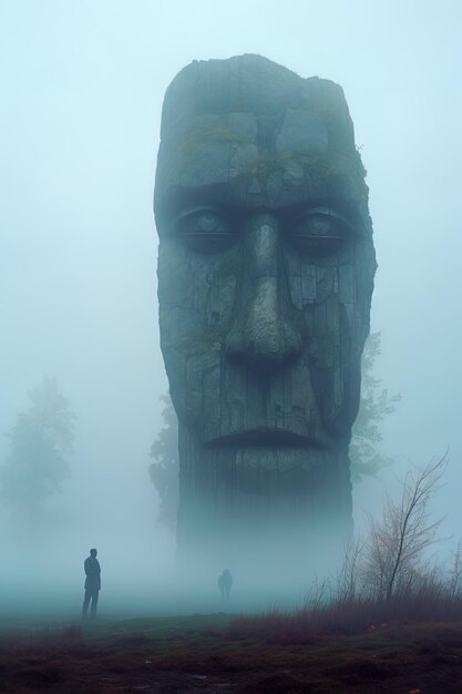 Foto una gran estatua de una cara con un hombre de pie en la niebla