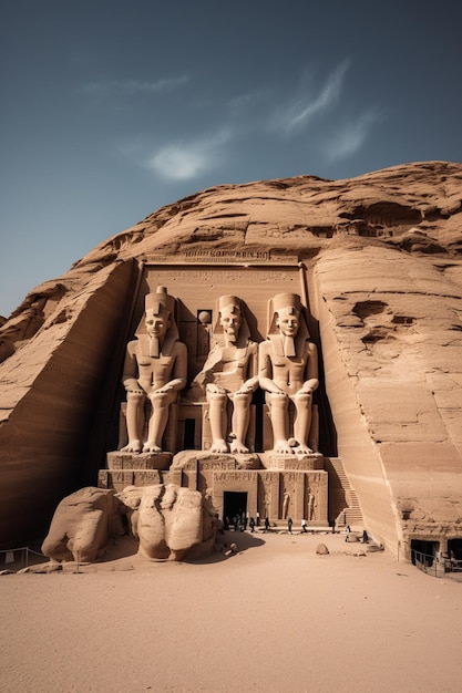 Una gran estatua de los faraones egipcios se encuentra frente a una formación rocosa.