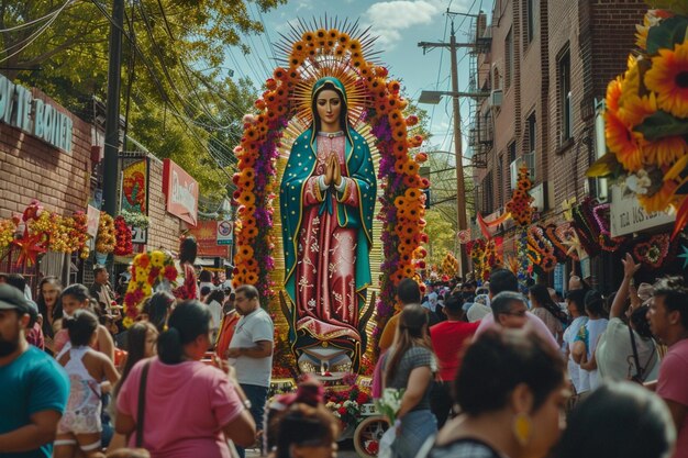 Foto una gran estatua de una mujer está en una multitud de personas