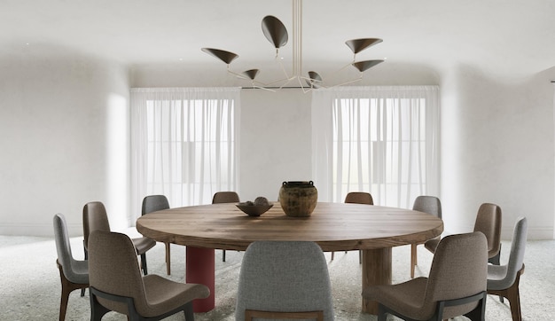 Gran estilo moderno de comedor, material de madera y mármol, luz natural desde la ventana.