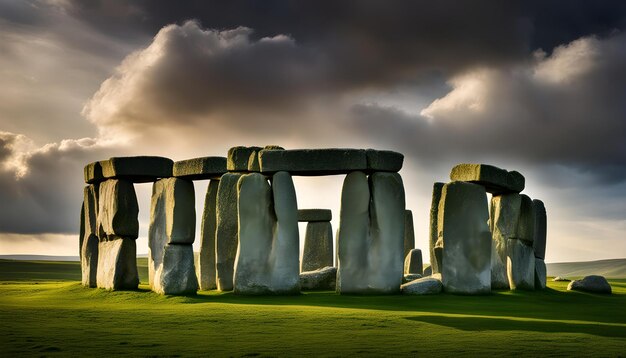 Foto una gran estructura de piedra con un cielo nublado en el fondo