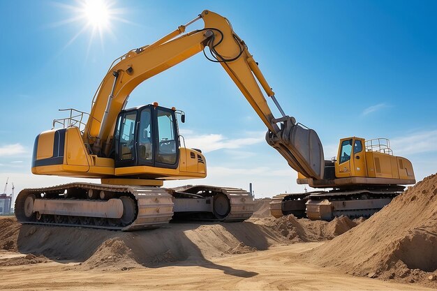 Gran excavadora en un nuevo sitio de construcción en el fondo el cielo azul y el sol