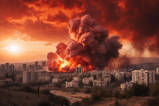 Gran explosión en el fondo de la ciudad de Gaza con cielo nublado al atardecer rojo