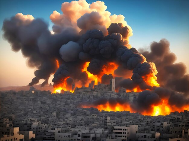 Gran explosión en el fondo de la ciudad en Palestina en cinematográfico