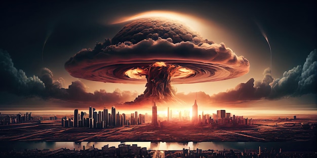 Gran explosión nuclear efecto nube hongo sobre el horizonte de la ciudad para las secuelas apocalípticas de la adjunto nuclear Generar Ai