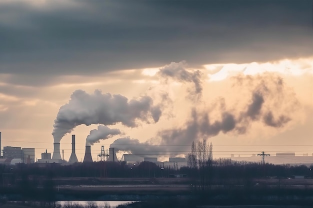 Gran fábrica con enormes nubes de humo sucio generativo ai