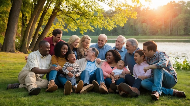 Gran familia cerca del lago