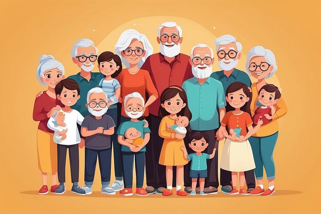 Foto gran familia feliz multigeneracional hermanos parientes retrato personas vectoriales ancianos madre y padre con bebés