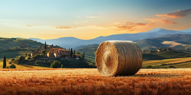 un gran fardo de heno sentado en un campo al estilo de los paisajes italianos