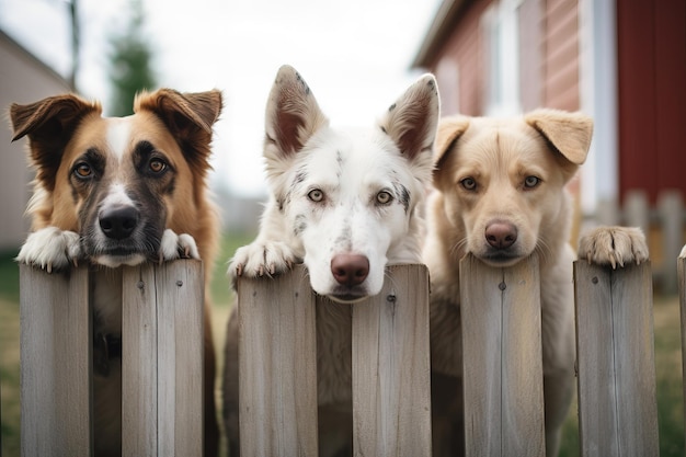 gran fila de perros detrás de la valla de la puerta IA generativa