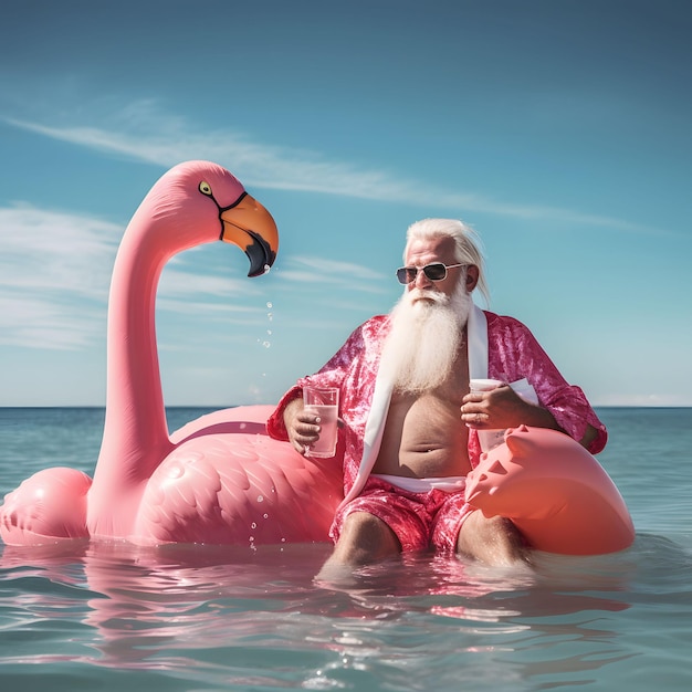 Gran flamenco inflable con Papá Noel disfrutando en la playa Abstracto rosa pastel creativo con