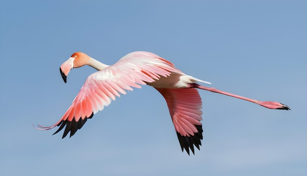 El gran flamenco phoenicopterus roseus volando en el cielo de la Camarga, Francia