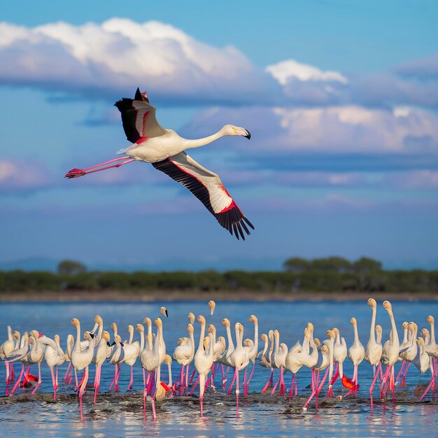 El gran flamenco phoenicopterus roseus volando en el cielo de la Camarga, Francia