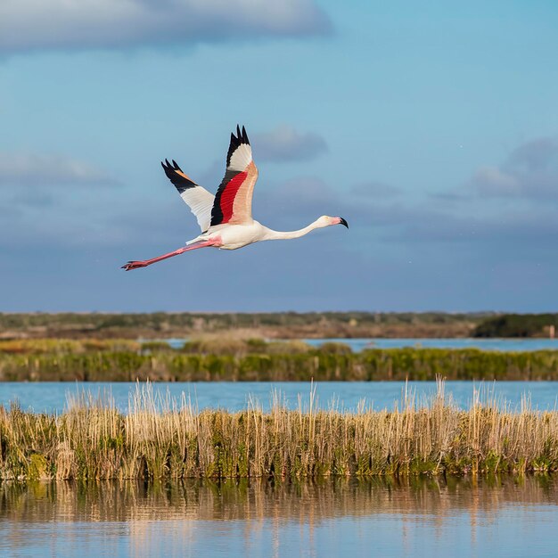 El gran flamenco phoenicopterus roseus volando en el cielo de la Camarga, Francia