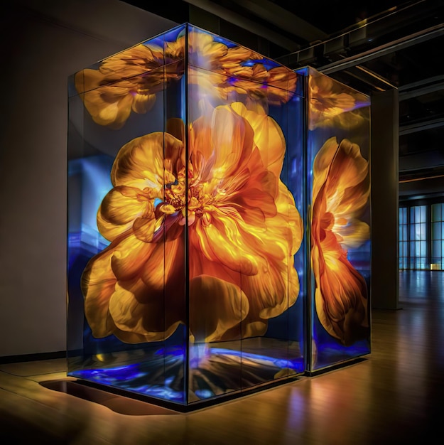 una gran flor amarilla sentada dentro de una caja de vidrio escultura de vidrio realista
