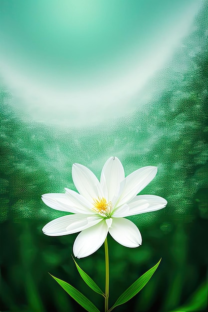 una gran flor blanca como la nieve en un fondo verde suave borroso del bosque de coníferas del norte un solo