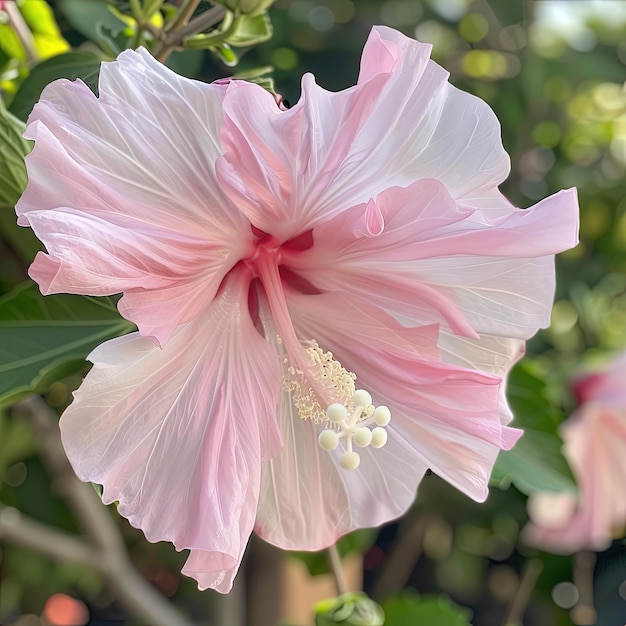 Una gran flor rosa con hojas verdes en el fondo