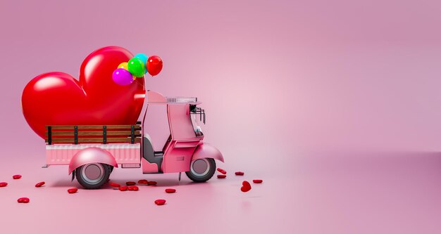 Foto gran forma de corazón en un camión divertido rosa, diseño del día de san valentín, representación de ilustraciones en 3d