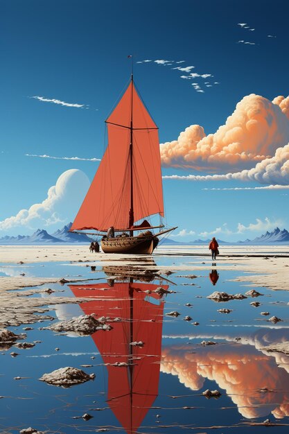 Una gran fragata navegando en una superficie reflectora de sal de Uyuni generativa de IA