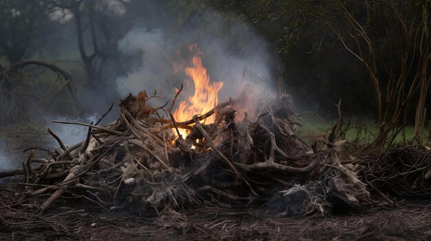 un gran fuego de campamento cerca de un área de hierba en el estilo de nidos enredados