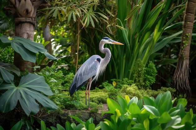 Gran garza azul en un exuberante jardín cazando entre la vegetación creada con ai generativo