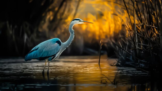 La gran garza azul en el pantano sereno