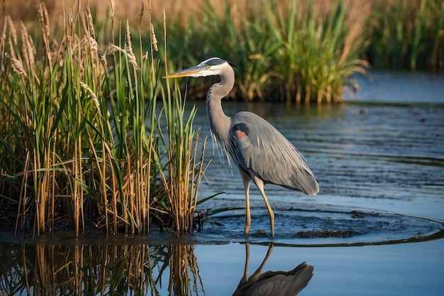 La gran garza azul de pie en los humedales