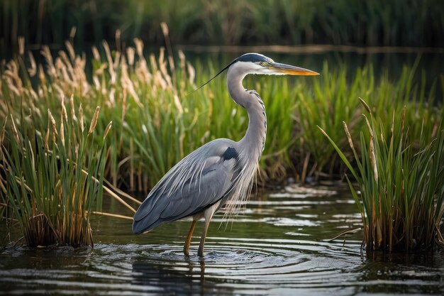 La gran garza azul de pie en los humedales