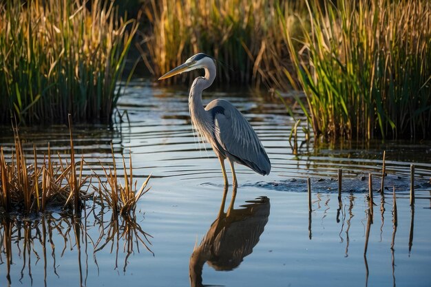 La gran garza azul de pie en los humedales