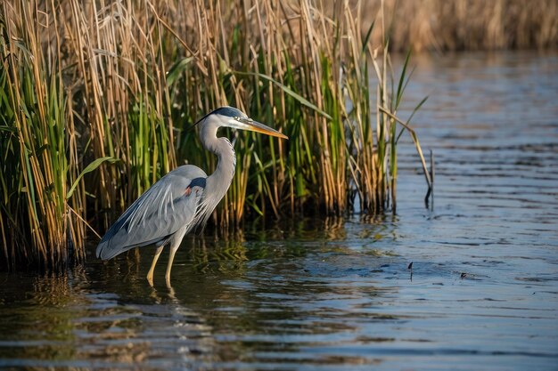 Foto la gran garza azul de pie en los humedales