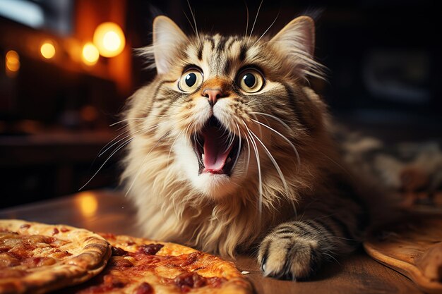 Un gran gato esponjoso está tratando de comer pizza