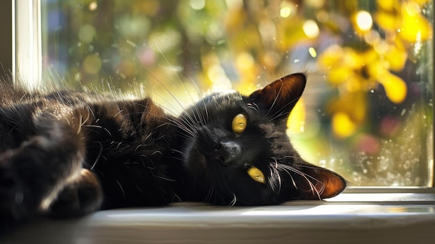 gran gato negro tendido en el alféizar de la ventana