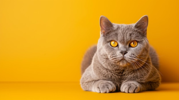gran gato de pelo corto británico de color lila con ojos amarillos mirando el espacio de copia en fondo amarillo