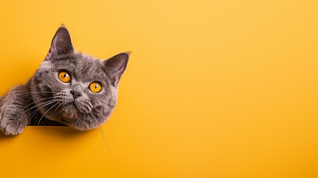 gran gato de pelo corto británico de color lila con ojos amarillos mirando el espacio de copia en fondo amarillo