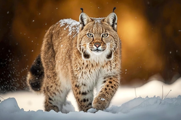 Gran gato salvaje marrón en forma de gato montés caminando a través de la espesa nieve generativa ai