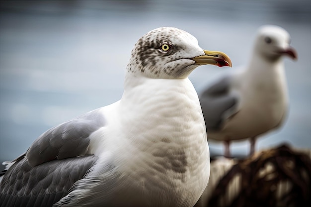 Gran gaviota rechoncha del Pacífico Norte con una gaviota de alas glaucas volando suavemente IA generativa