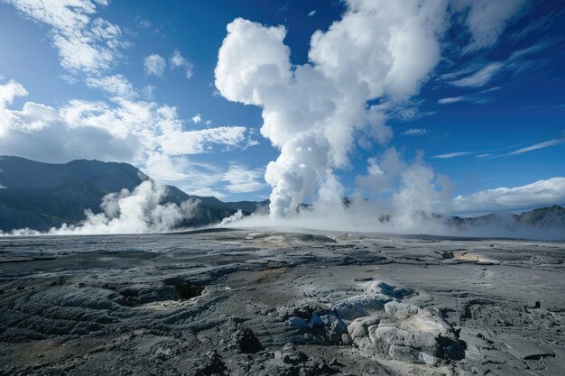 Foto un gran geyser arroja vapor hacia el cielo
