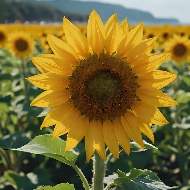 un gran girasol amarillo con un centro verde y una montaña en el fondo